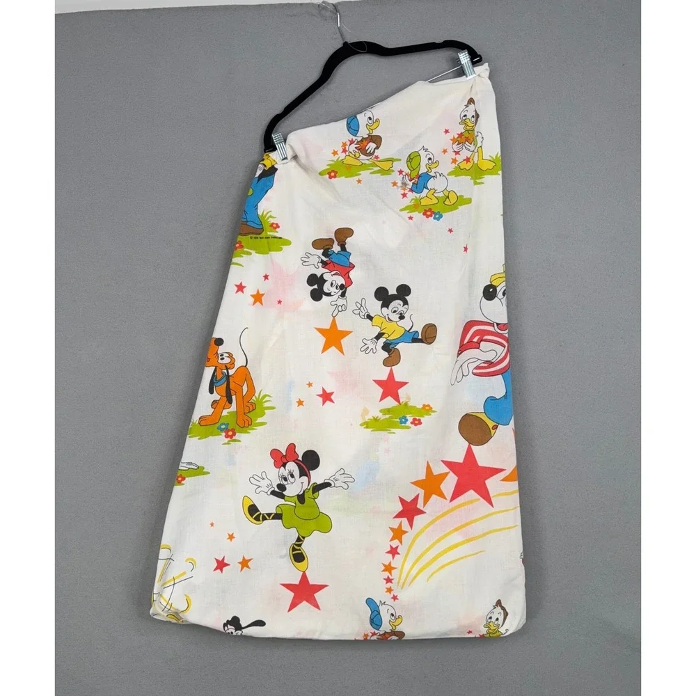 Vintage Disney Flat Bed Sheet Twin White Character Print 1970s Mickey Mouse